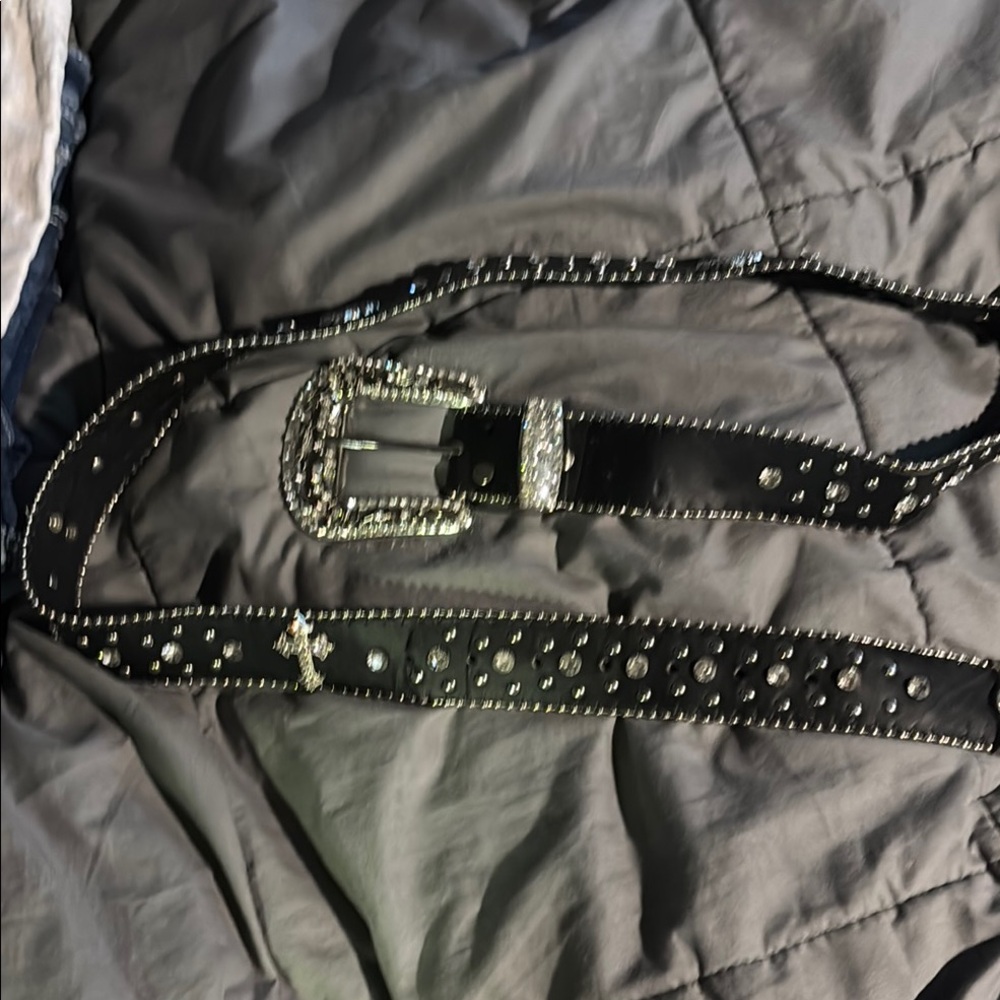 Black Leather Belt with Rhinestones and Crystal Crosses. No missing rhinestones.